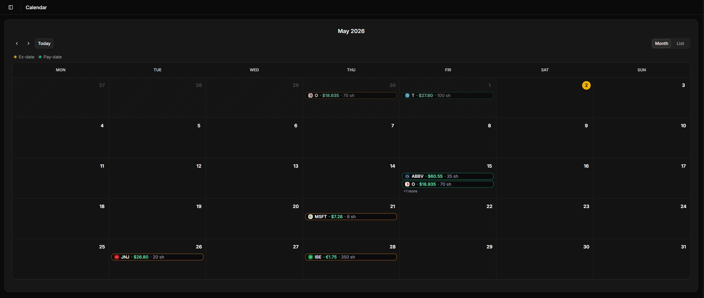 Calendrier - desktop view