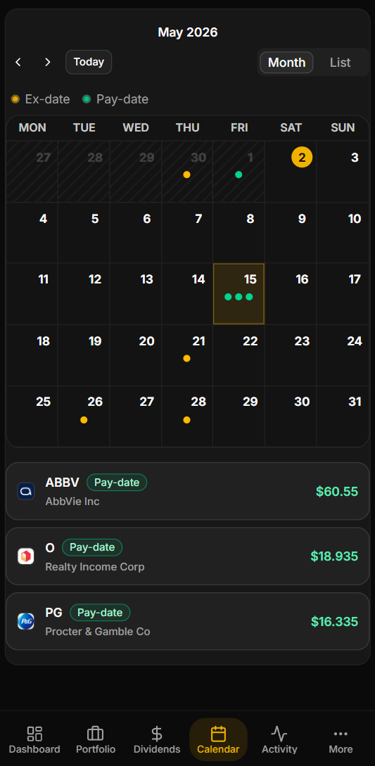 Calendrier - mobile view